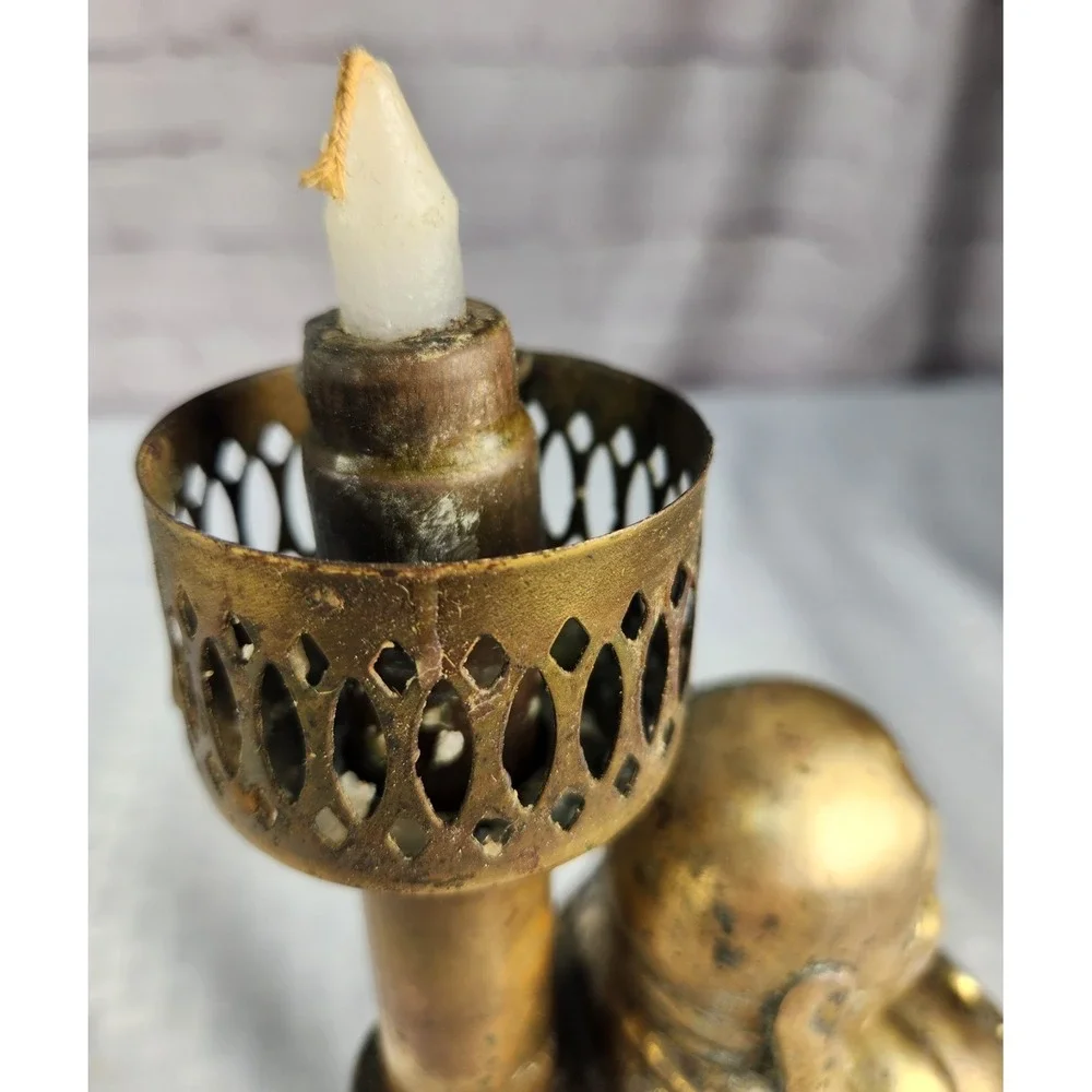 Vtg 50's Brass Smiling Buddha Figure Statue Candle Lamp Worship Luck Prosperity